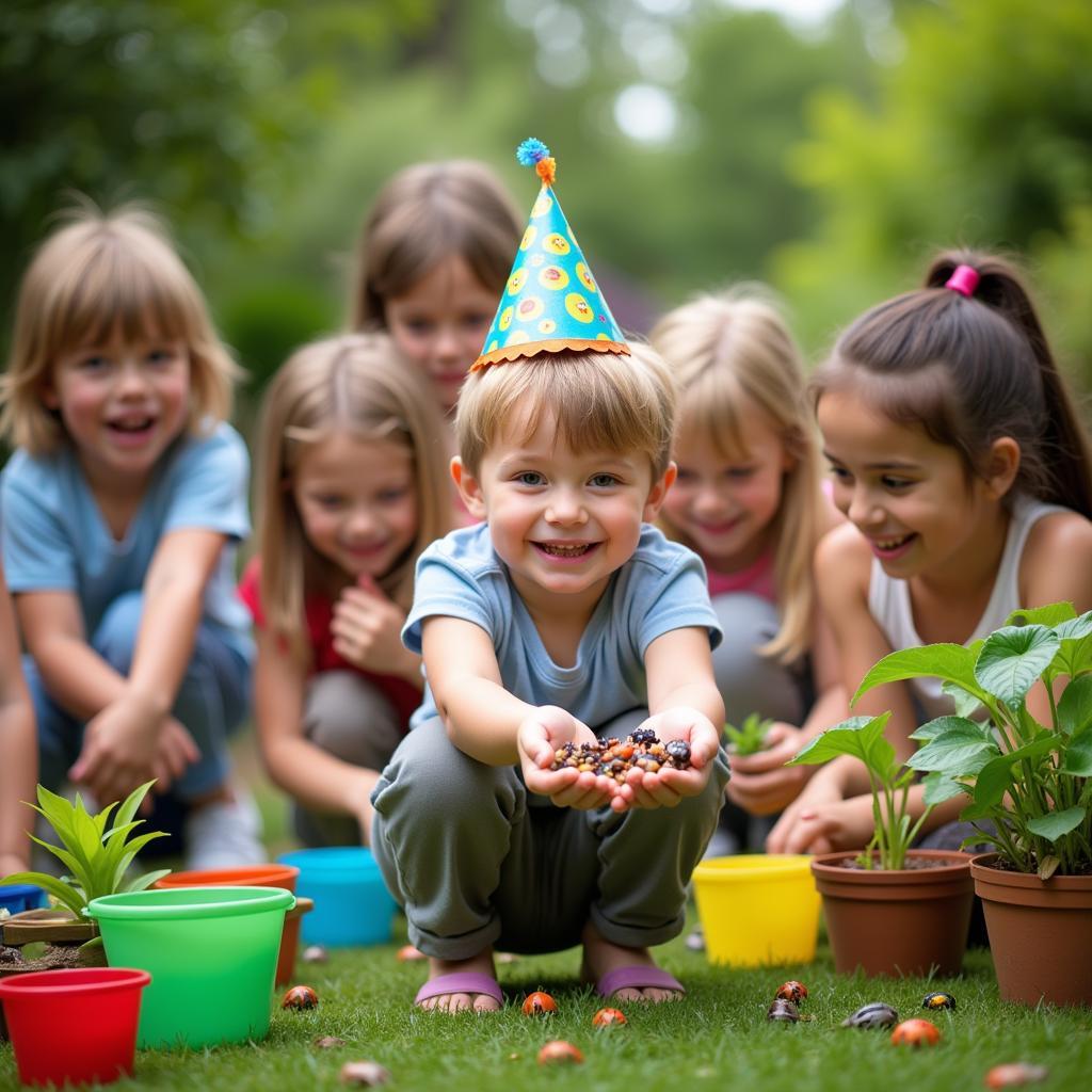 Children participating in bug-themed party games