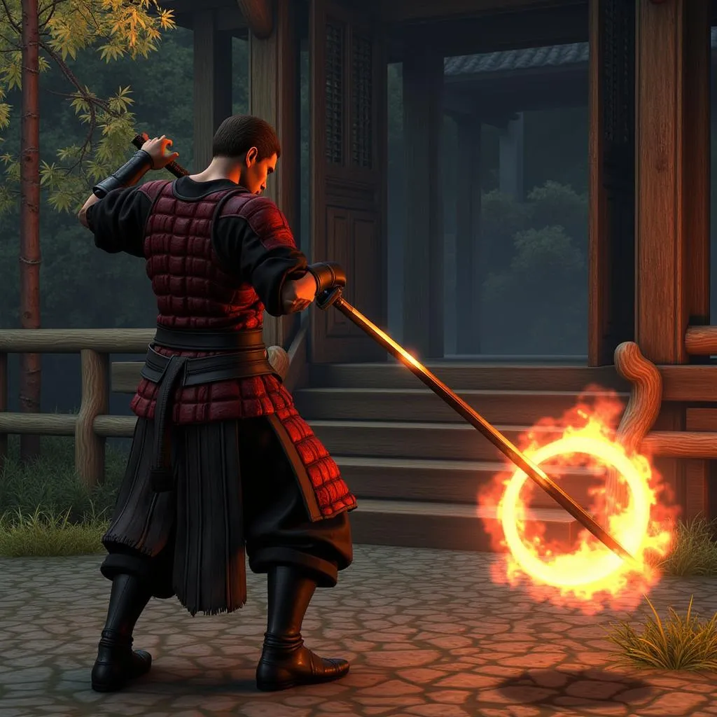 A Samurai warrior in Ultima Online performing a powerful special attack with their katana