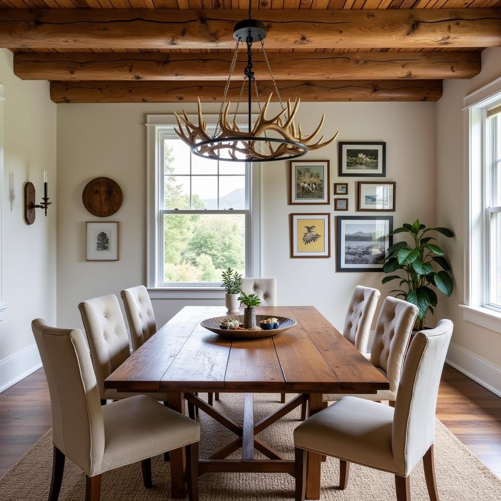 Cabin-style dining room with a gallery wall and antler chandelier