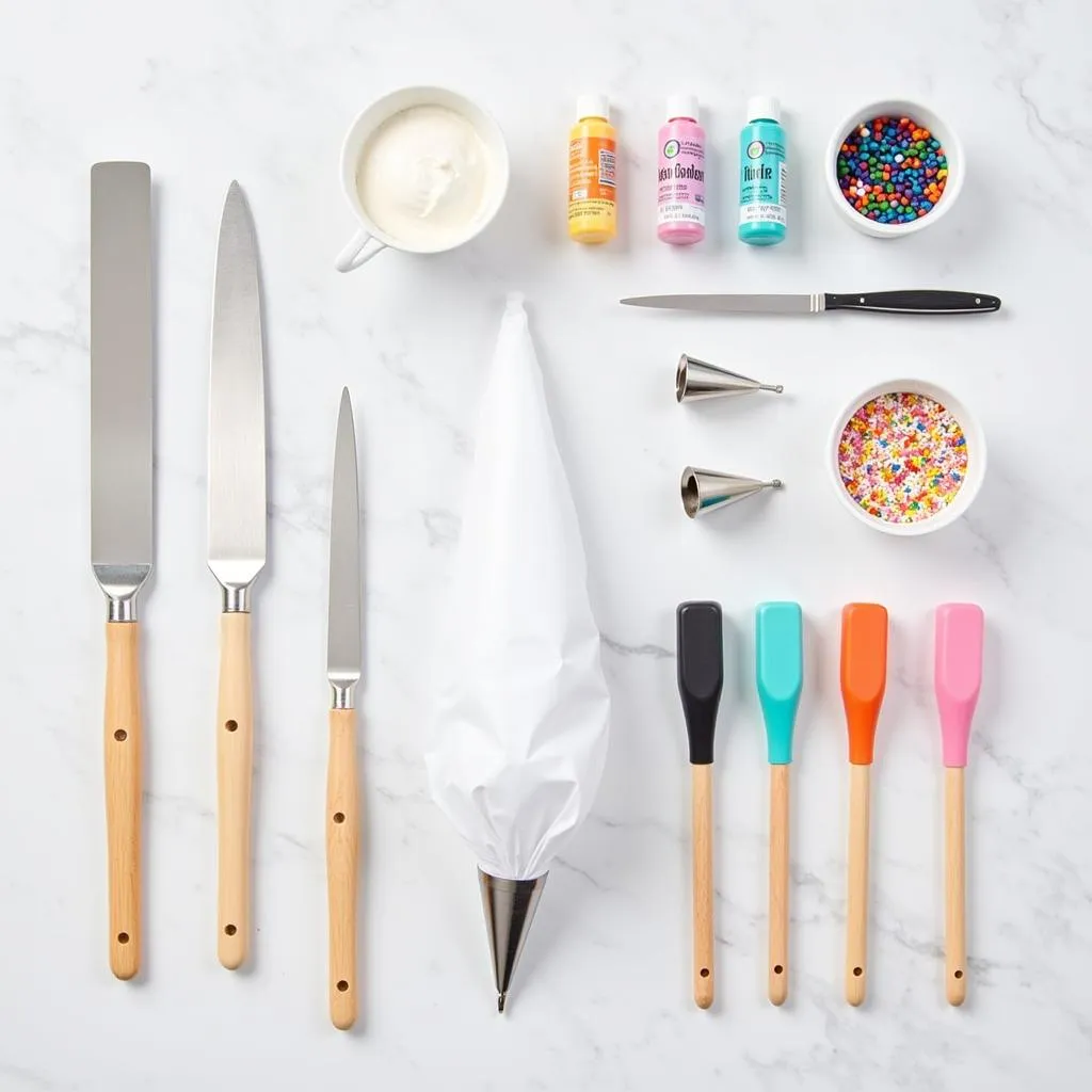 Various cake decorating tools and ingredients arranged on a table