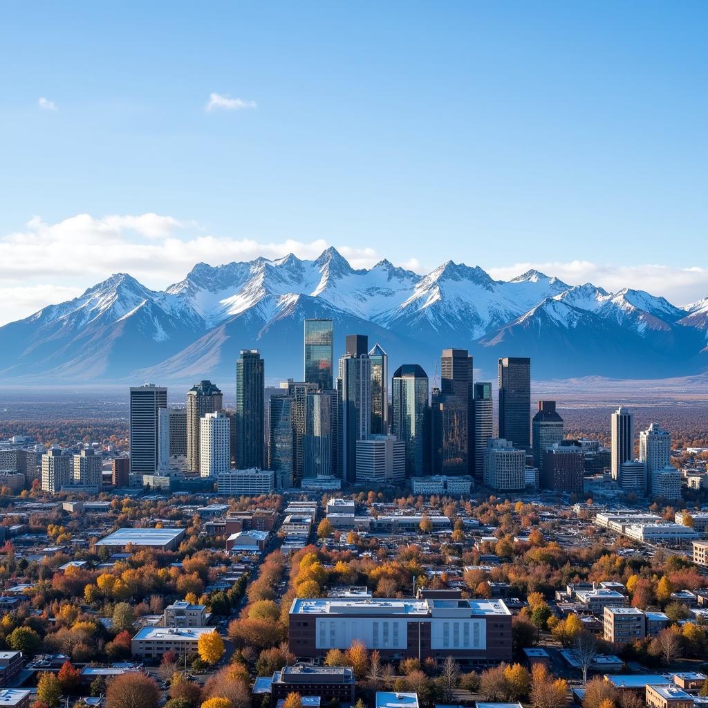 Calgary skyline with the Rocky Mountains in the background