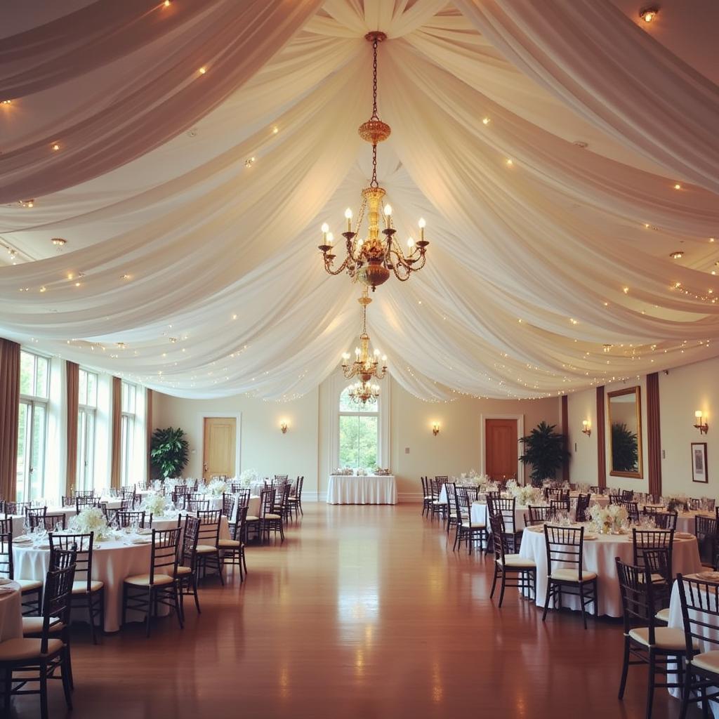 Elegant ceiling drapes transforming a wedding reception