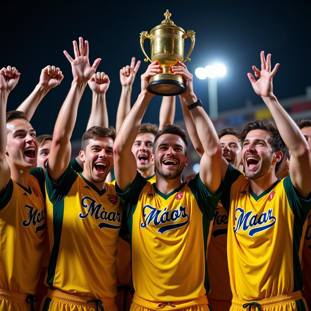 A victorious sports team celebrating with their trophy, their funny team name visible on their jerseys