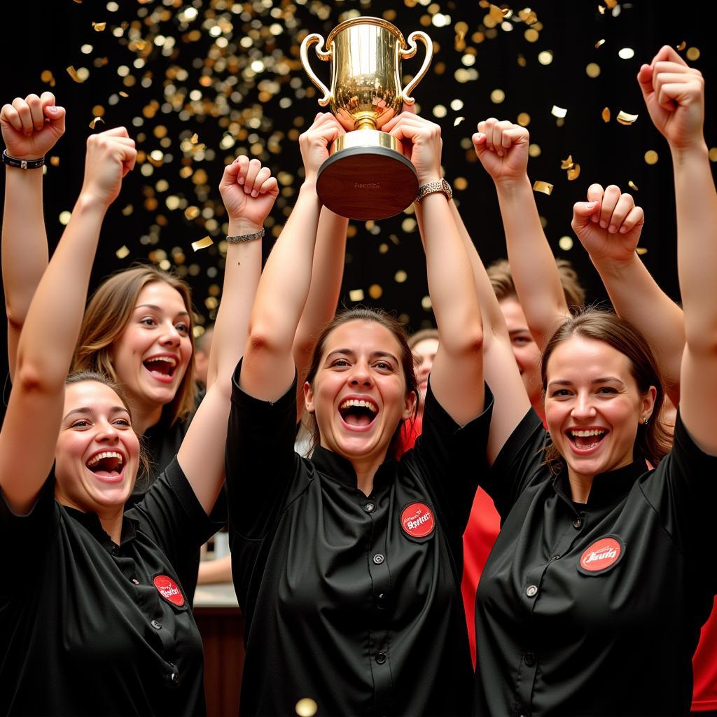 Winning team celebrating with their trophy