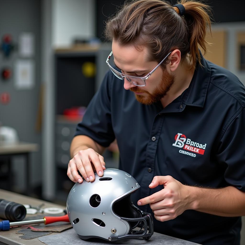 Certified technician meticulously crafting a helmet cut out