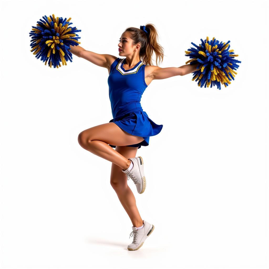 Cheerleader performing a high kick with blue and gold pom poms