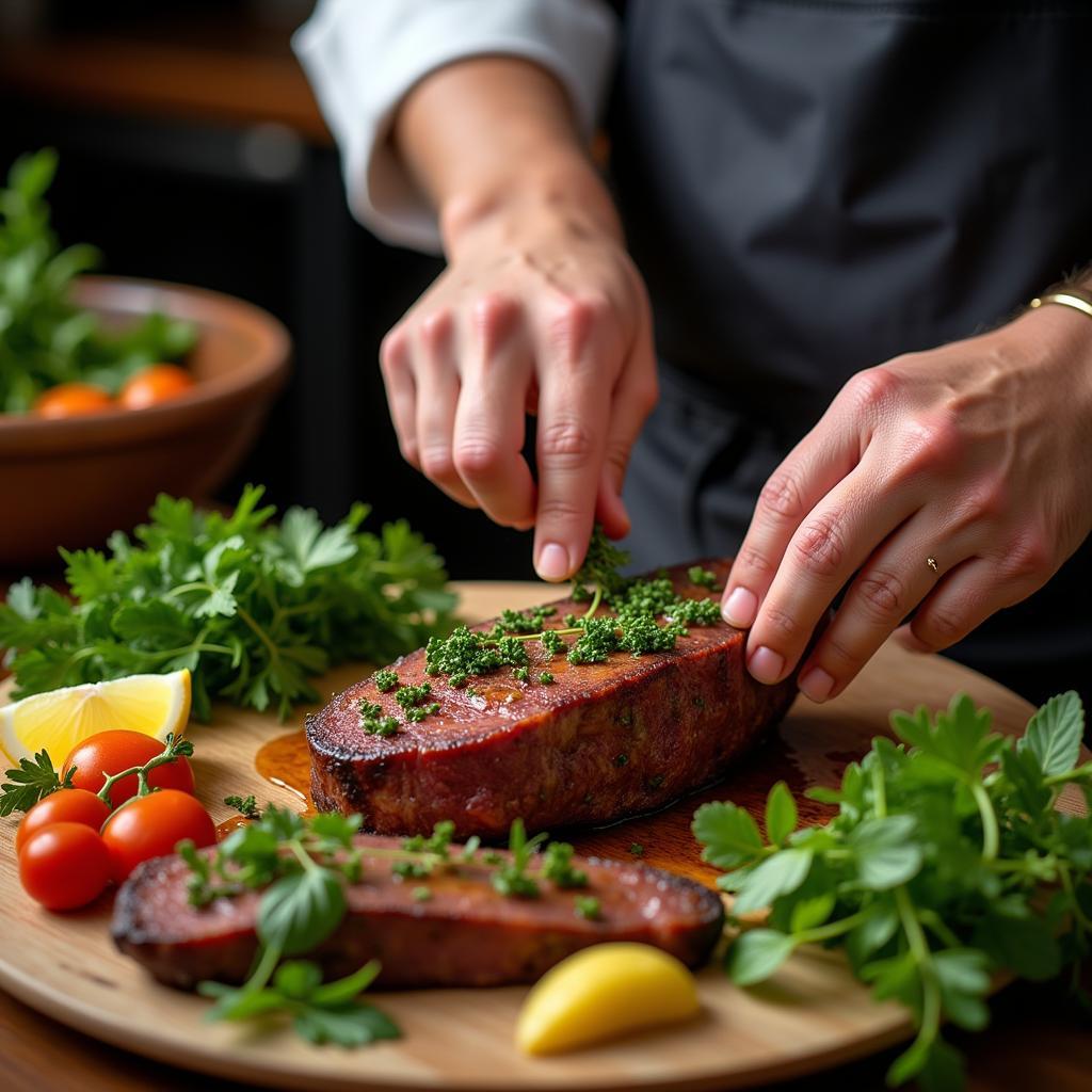 Chef meticulously preparing a dish with fresh ingredients