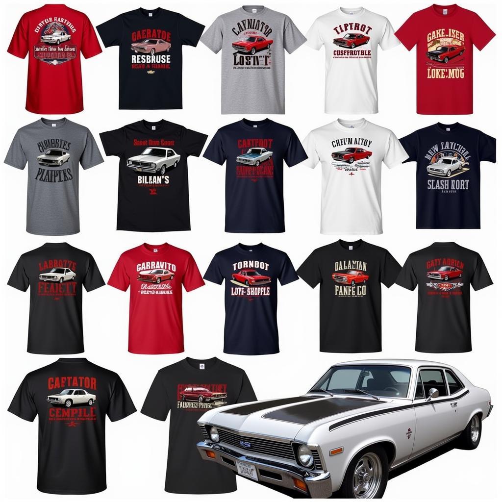  A diverse collection of Chevy Nova t-shirts displayed on a table at a car show.