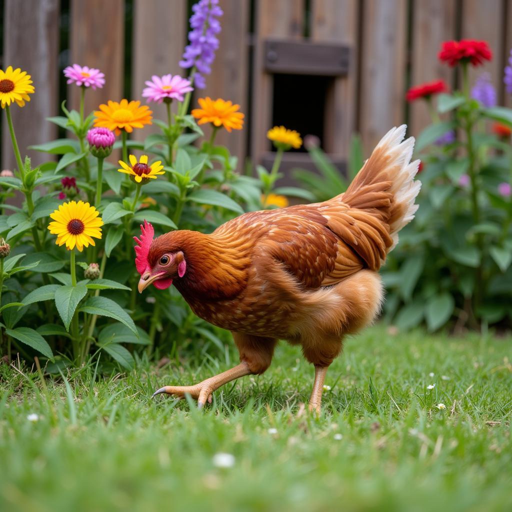 A chicken exploring a garden near a fence opening