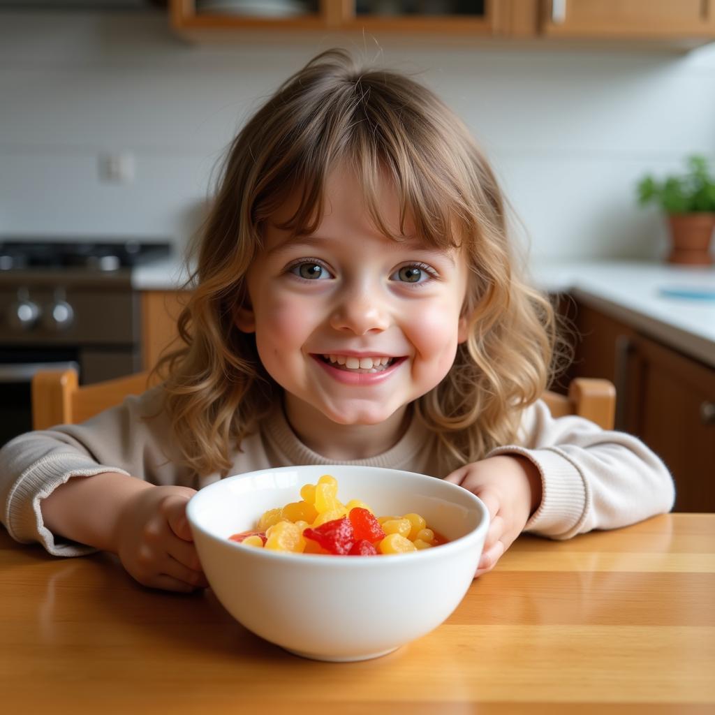 A child happily eating gummy breakfast food at the kitchen table