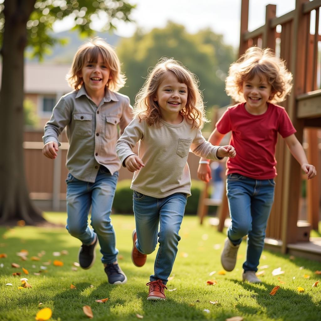 Children laughing and playing together on an aligned play playground set