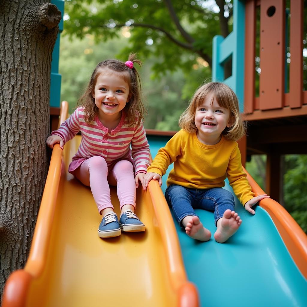 Kids Enjoying a Treehouse Slide