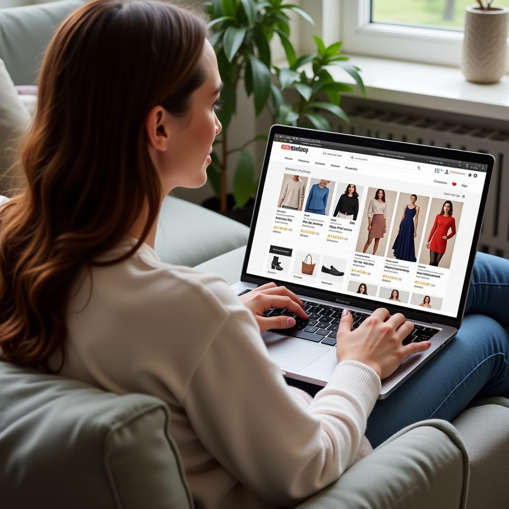 Woman browsing cho fashion discounts on her laptop