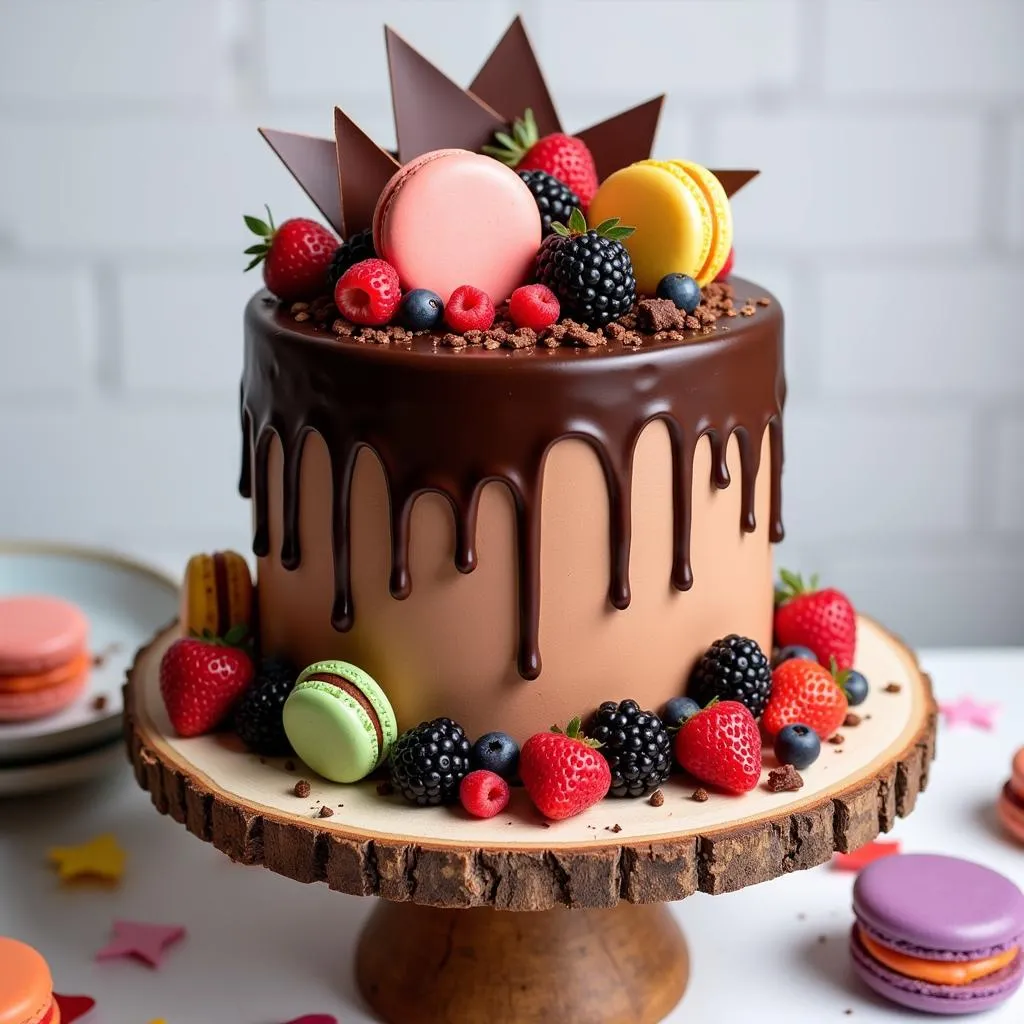 Chocolate Drip Cake decorated with macarons