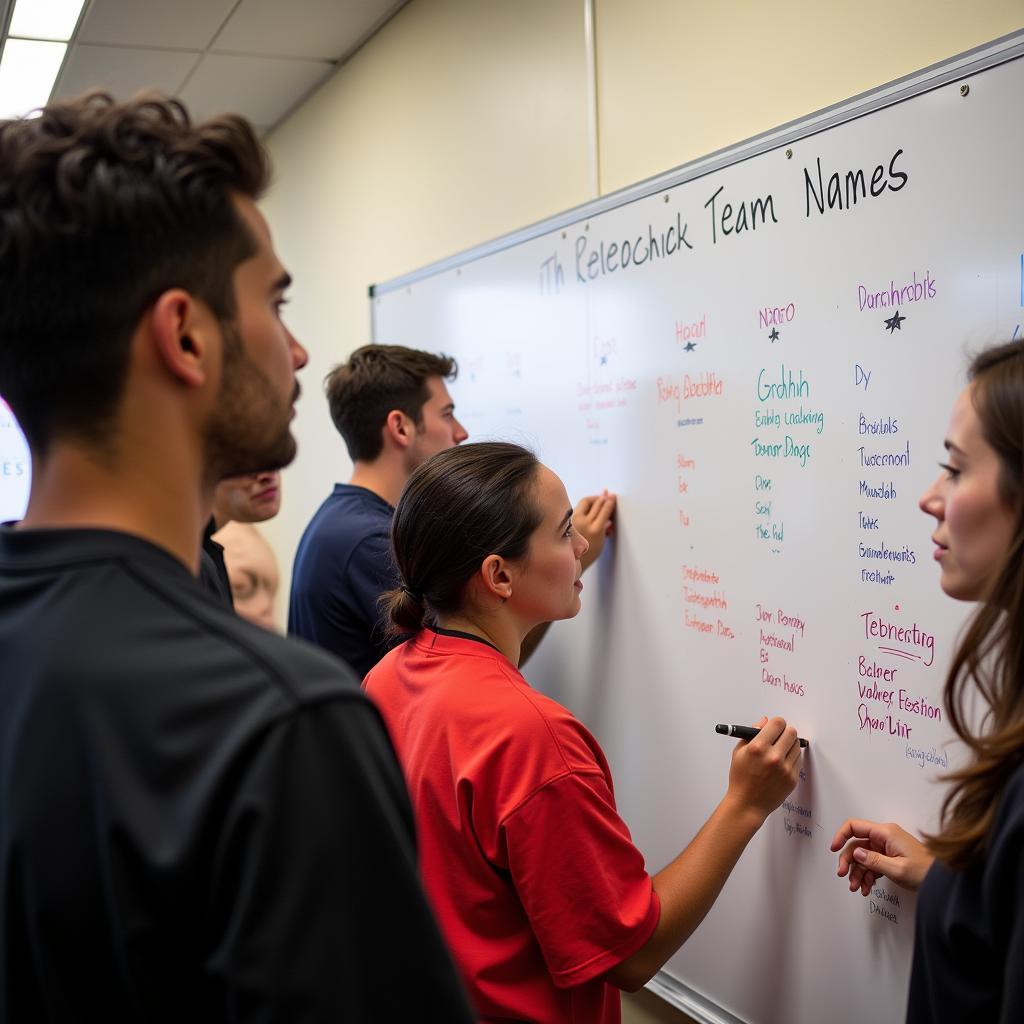 A group of athletes brainstorming team names, writing ideas on a whiteboard