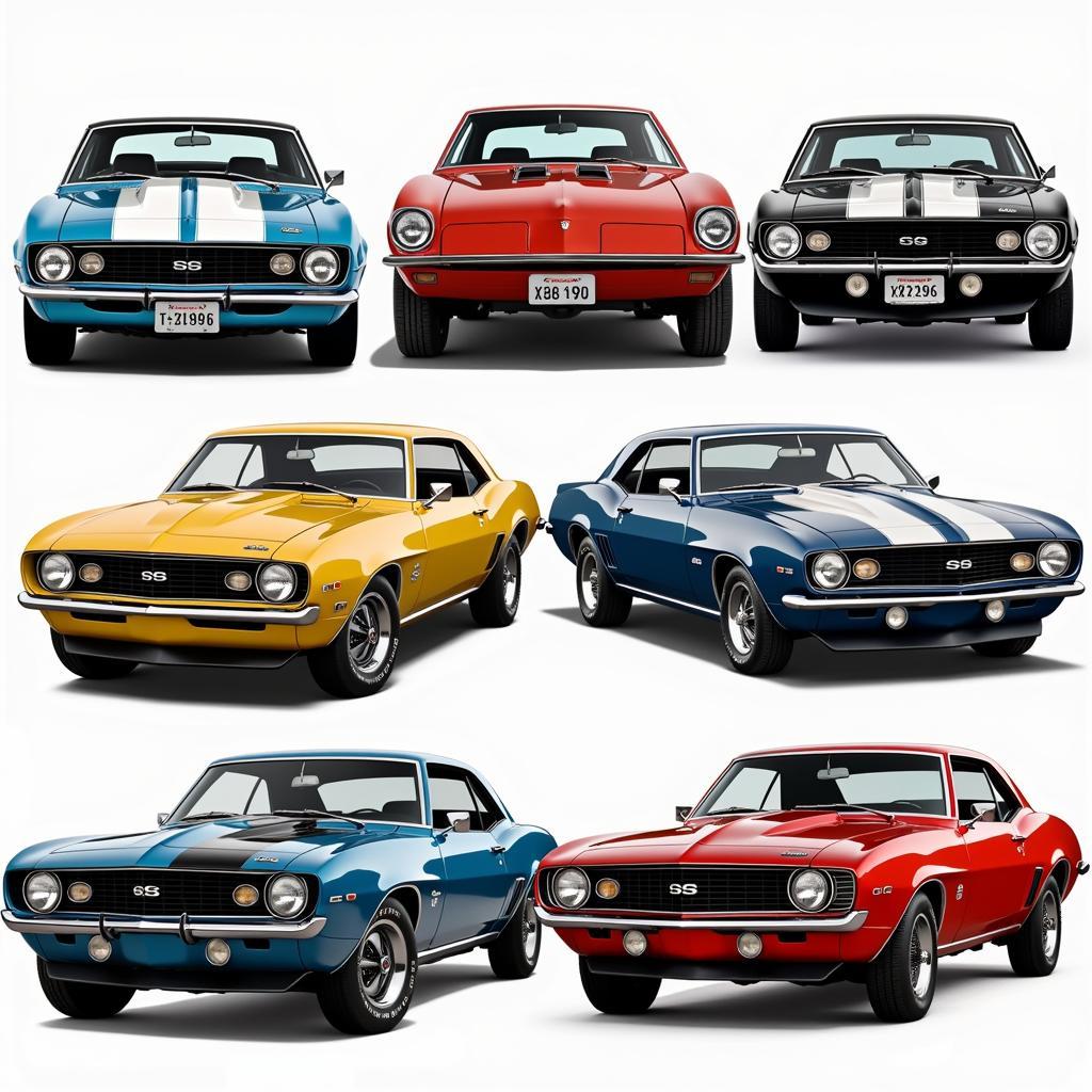 A collection of classic Chevrolet Camaros from different generations 