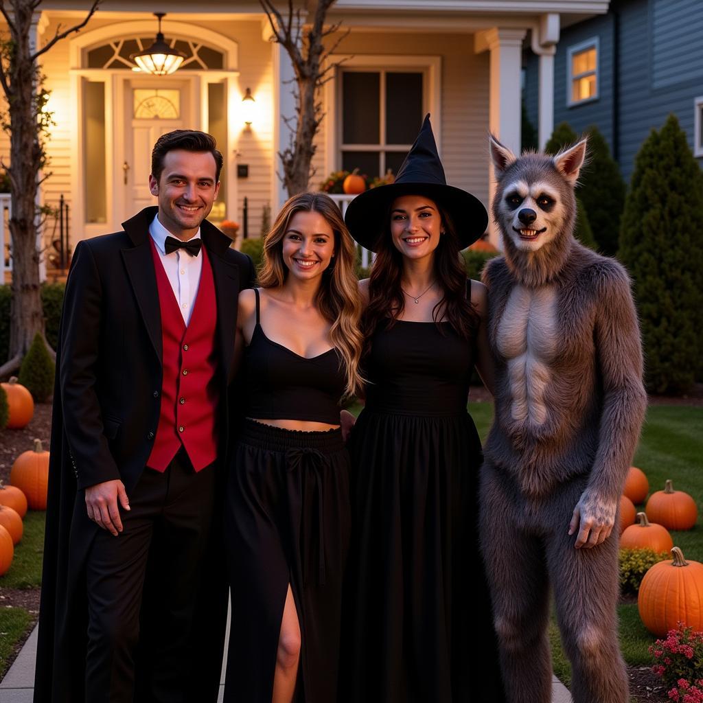 Group of friends dressed in classic Halloween monster costumes