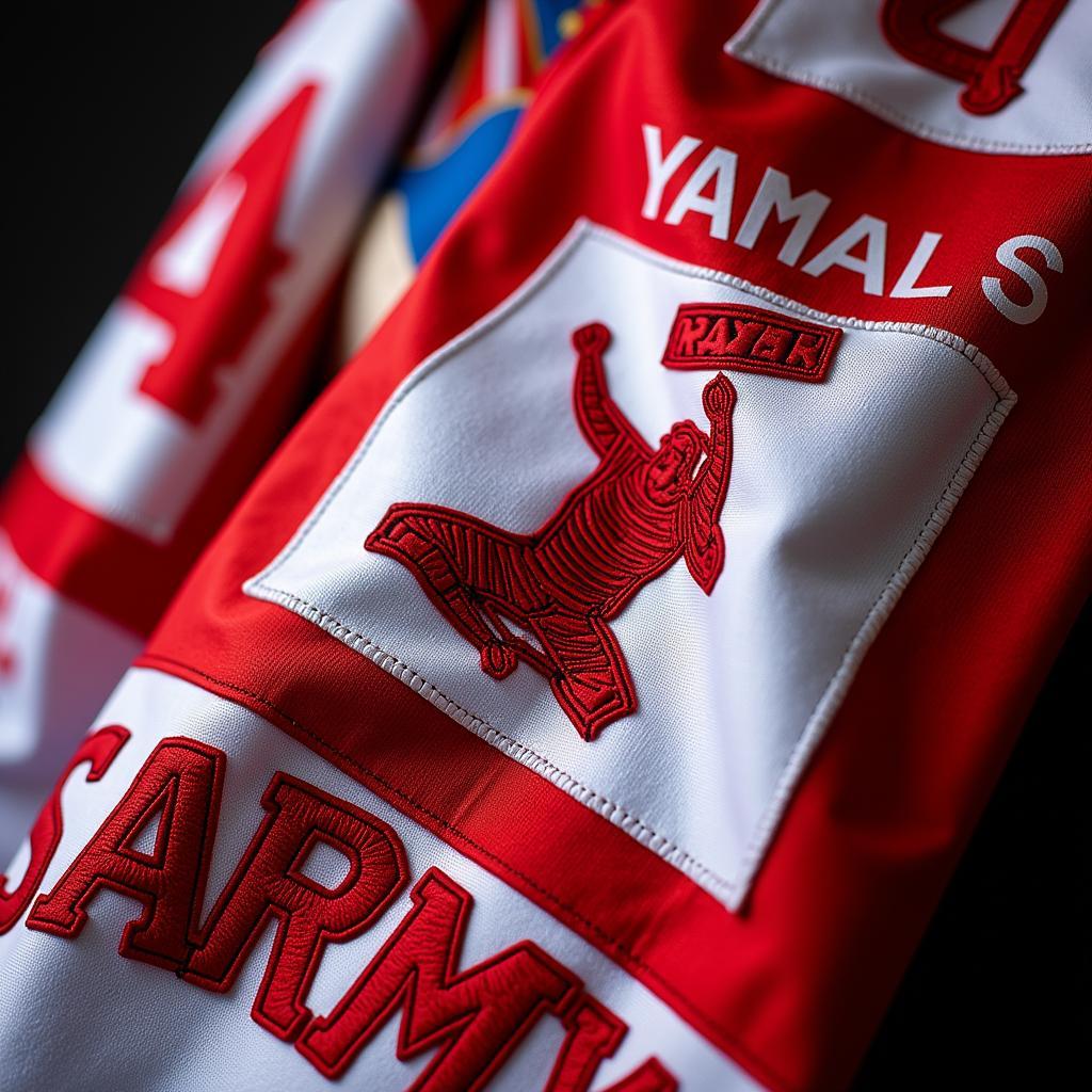 Intricate details of a custom flag stole honoring Yamal