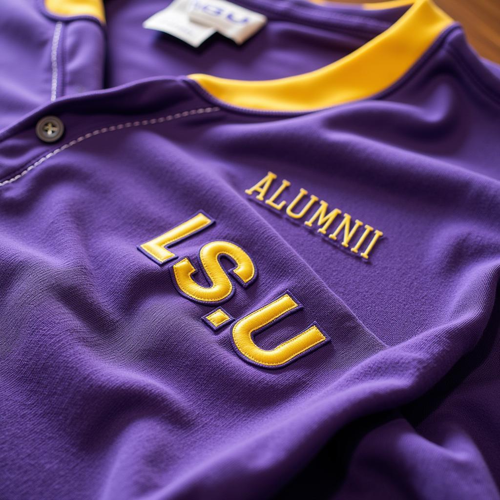 Close-up showcasing the intricate details of an LSU alumni t-shirt, highlighting the high-quality fabric and craftsmanship