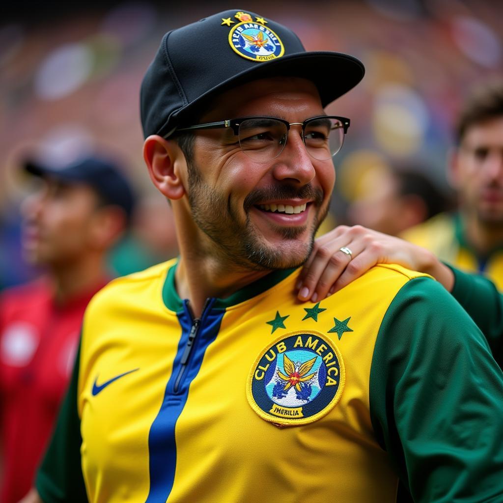 A Club America fan proudly wearing a jersey adorned with a patch