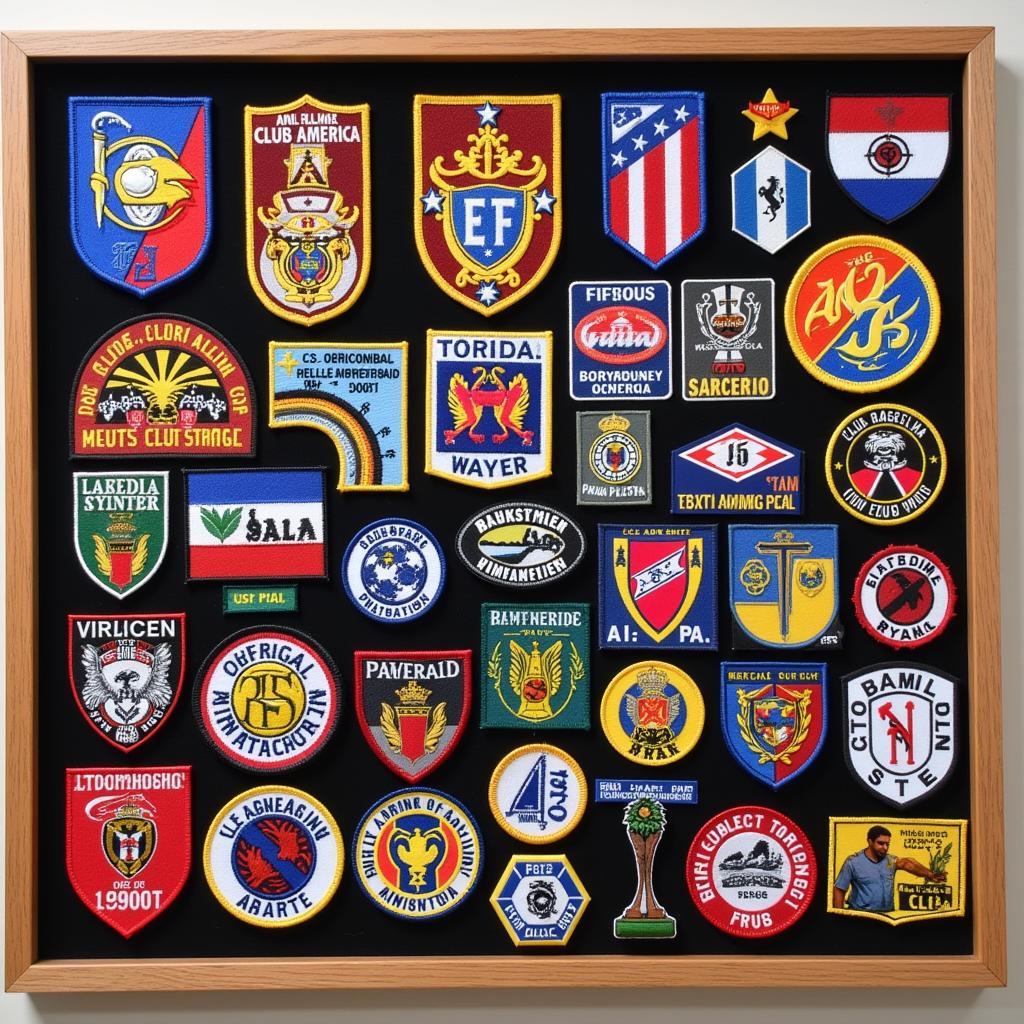 A display case filled with a collection of Club America patches