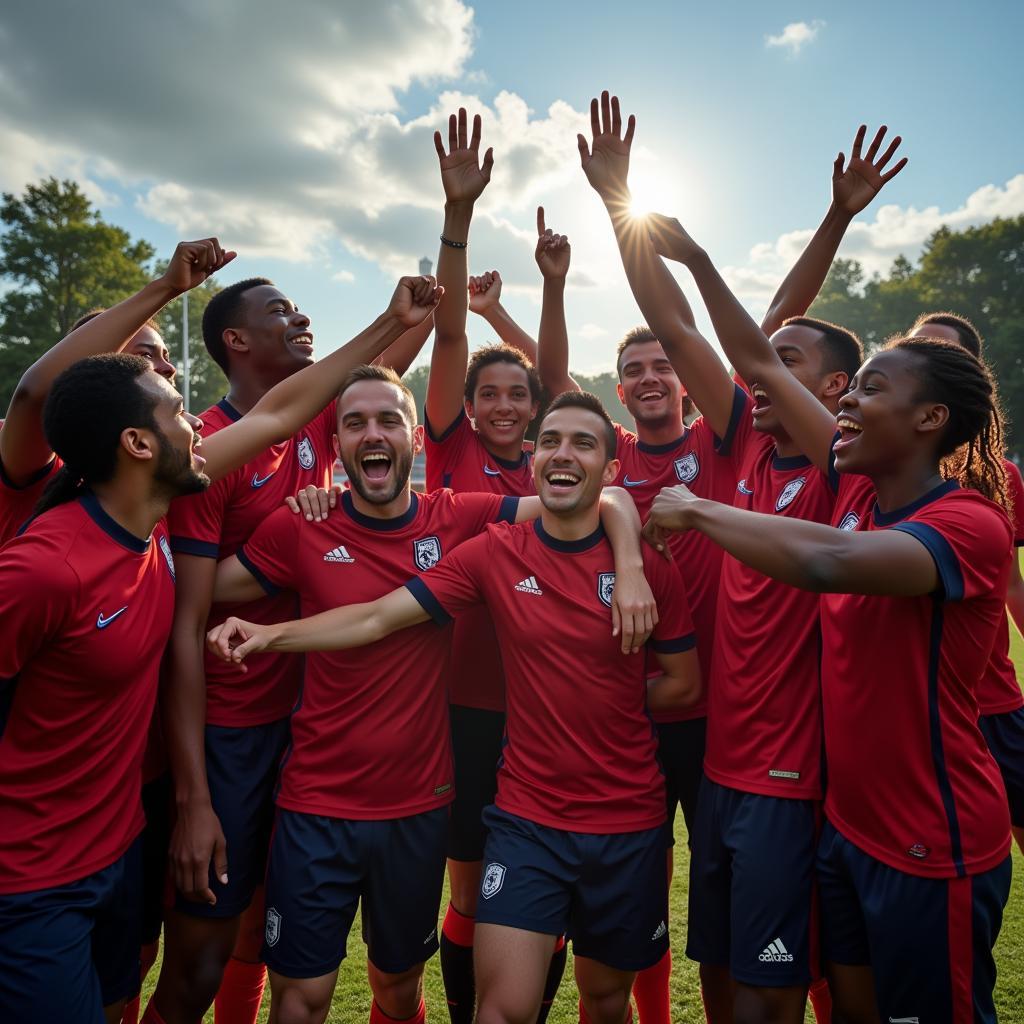 A group of young footballers celebrating a victory together