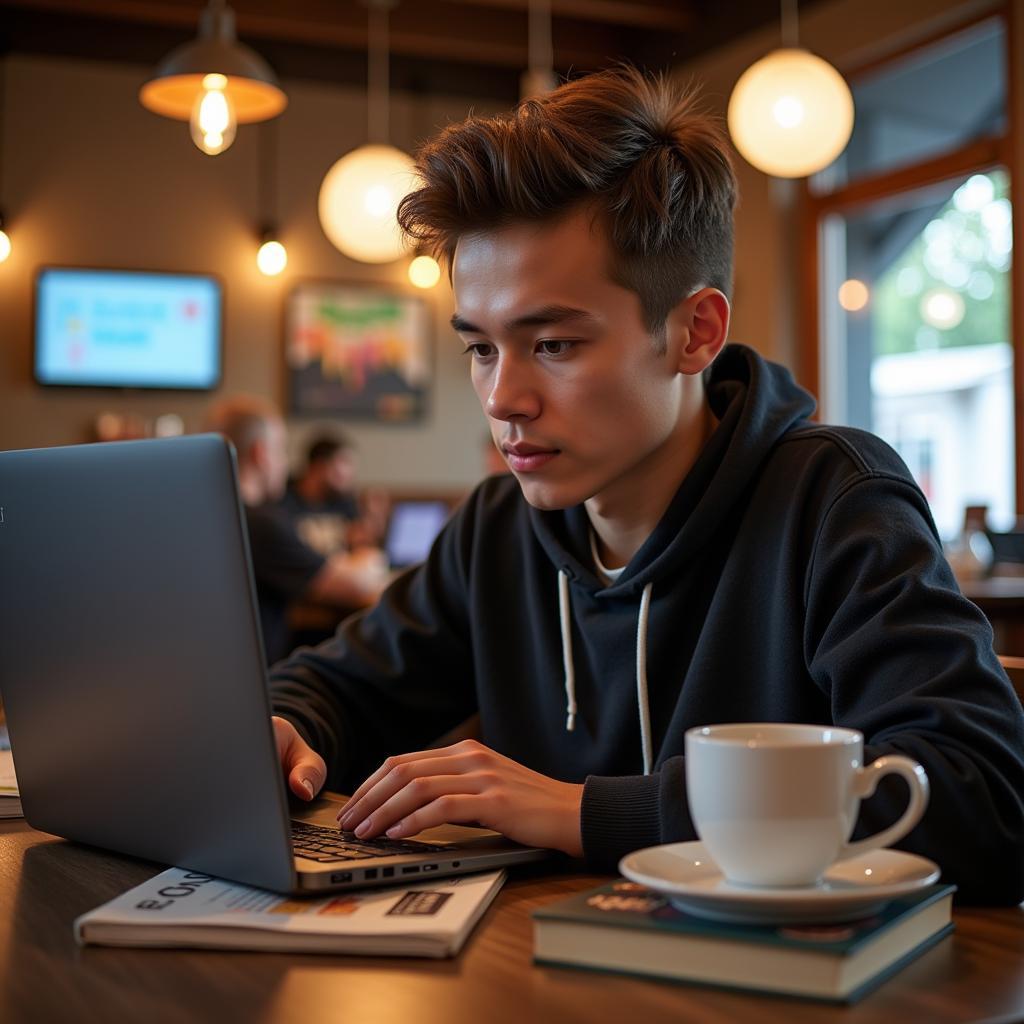 Young man coding on laptop at a cafe, surrounded by books and coffee