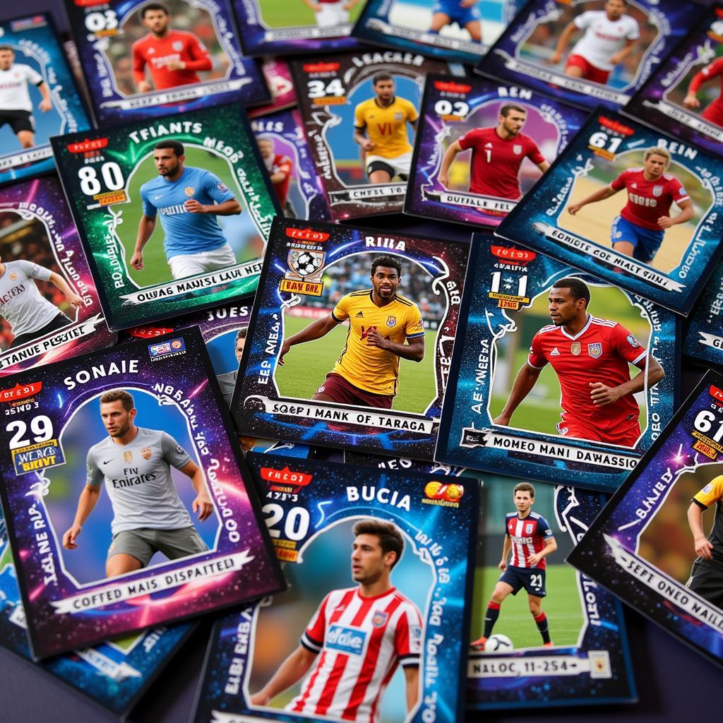 A collection of soccer cards, including rookie cards and rare inserts.