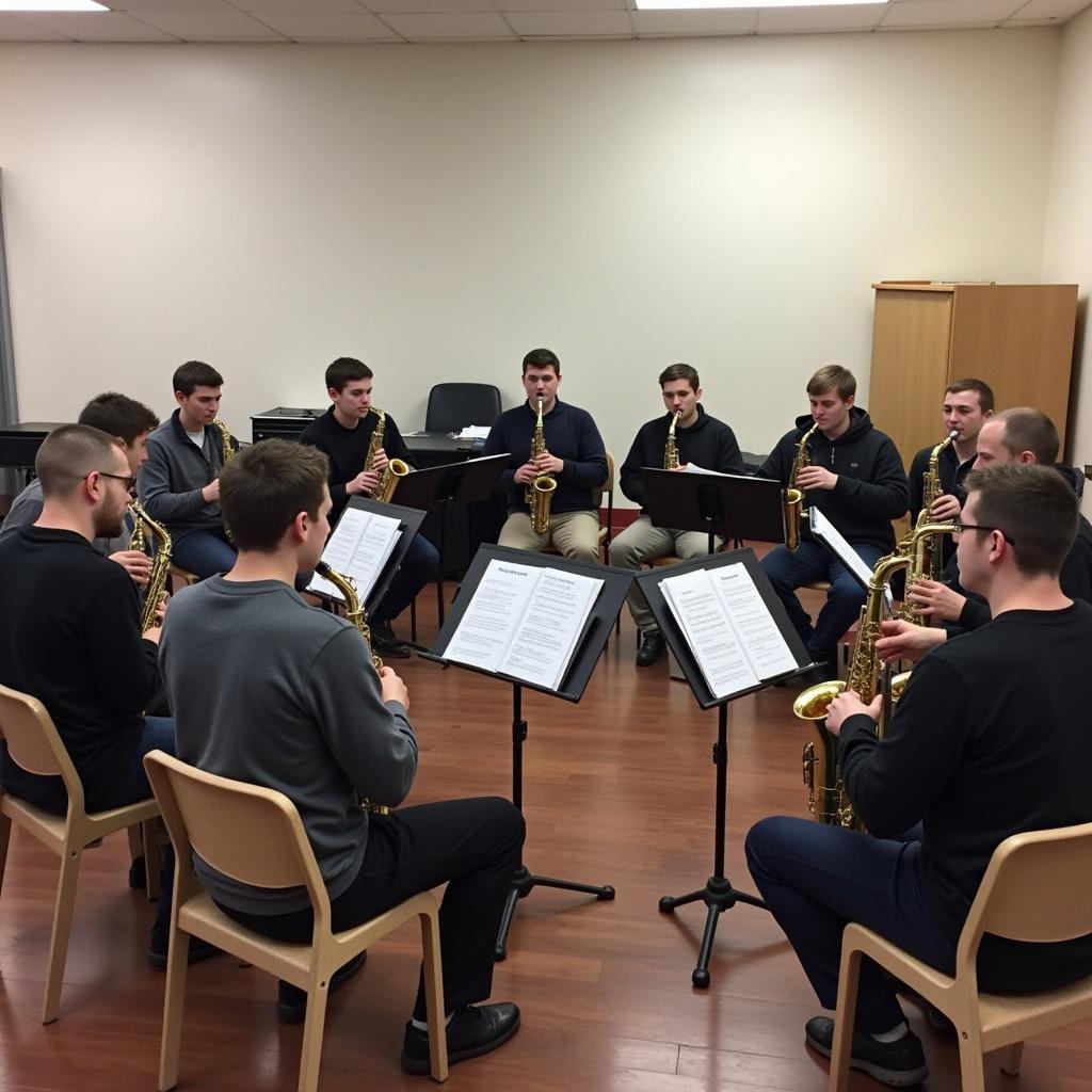 College jazz band rehearsing in a studio