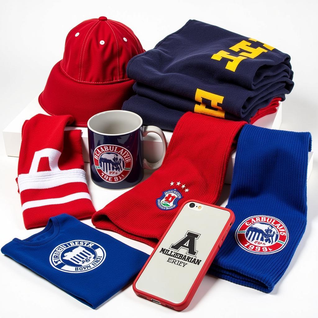 Image displaying a variety of merchandise with team colors and logos