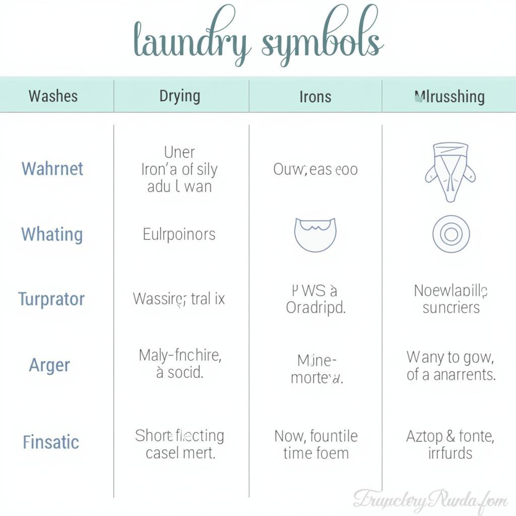 Laundry symbols chart explaining washing, drying, and ironing instructions.