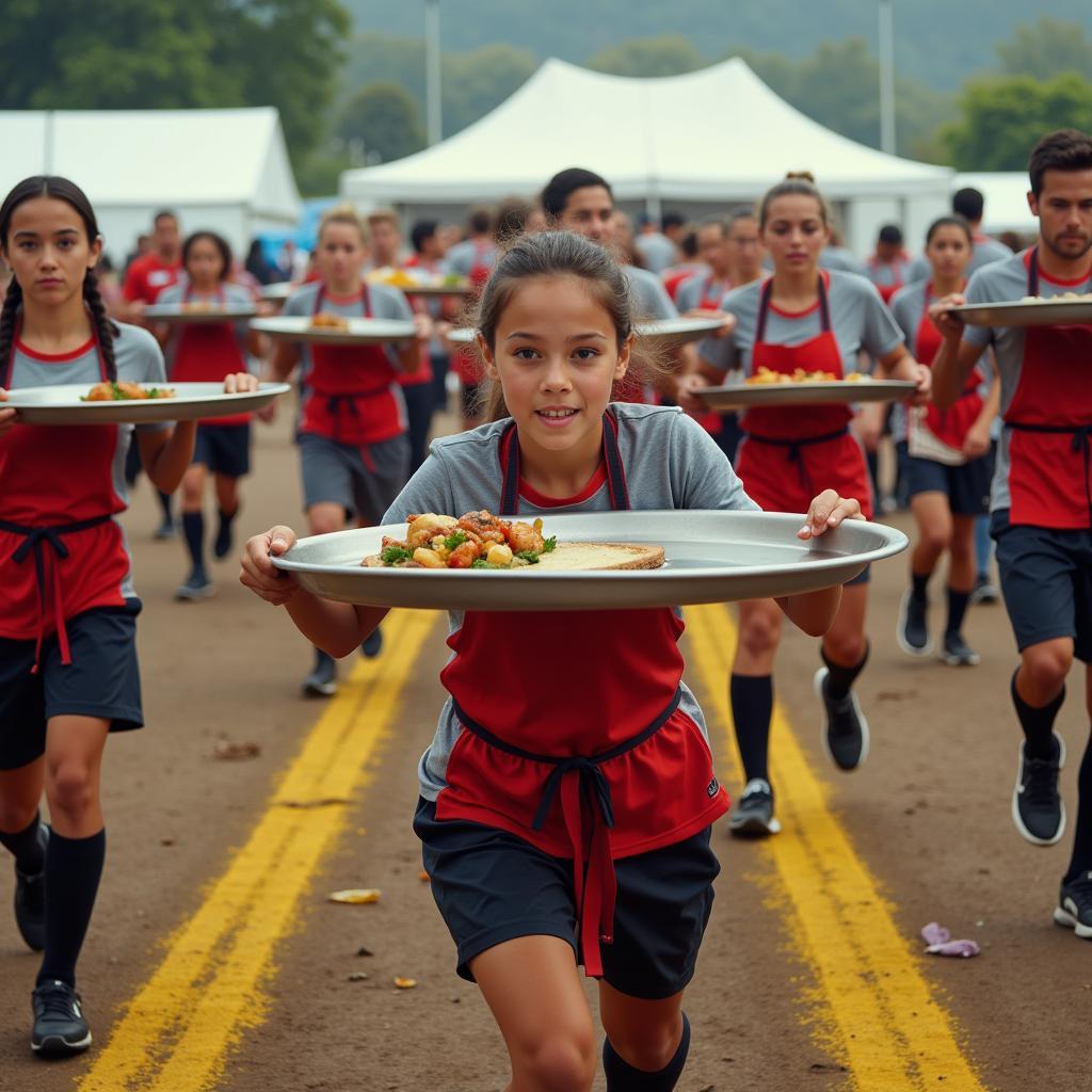 Waitstaff balancing trays in a championship match