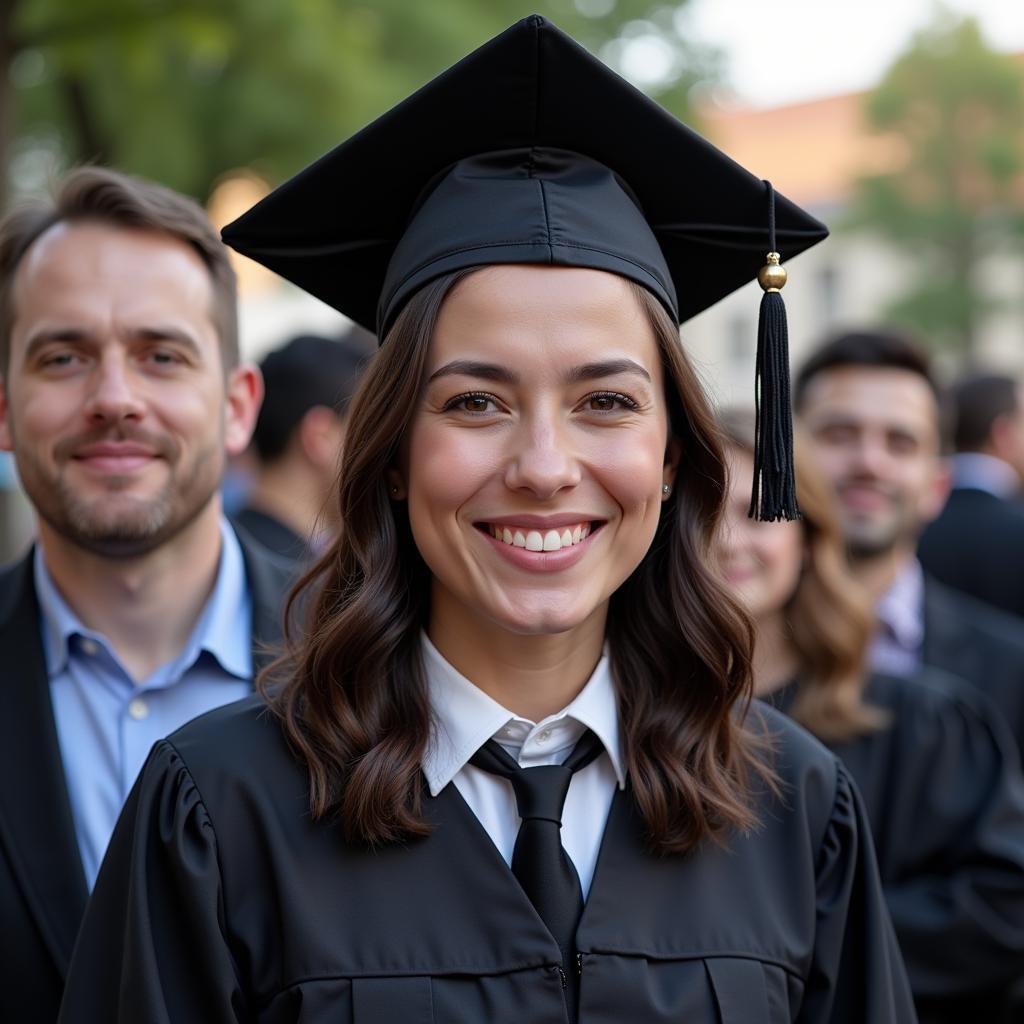 A graduate smiling confidently in their graduation gown and cap