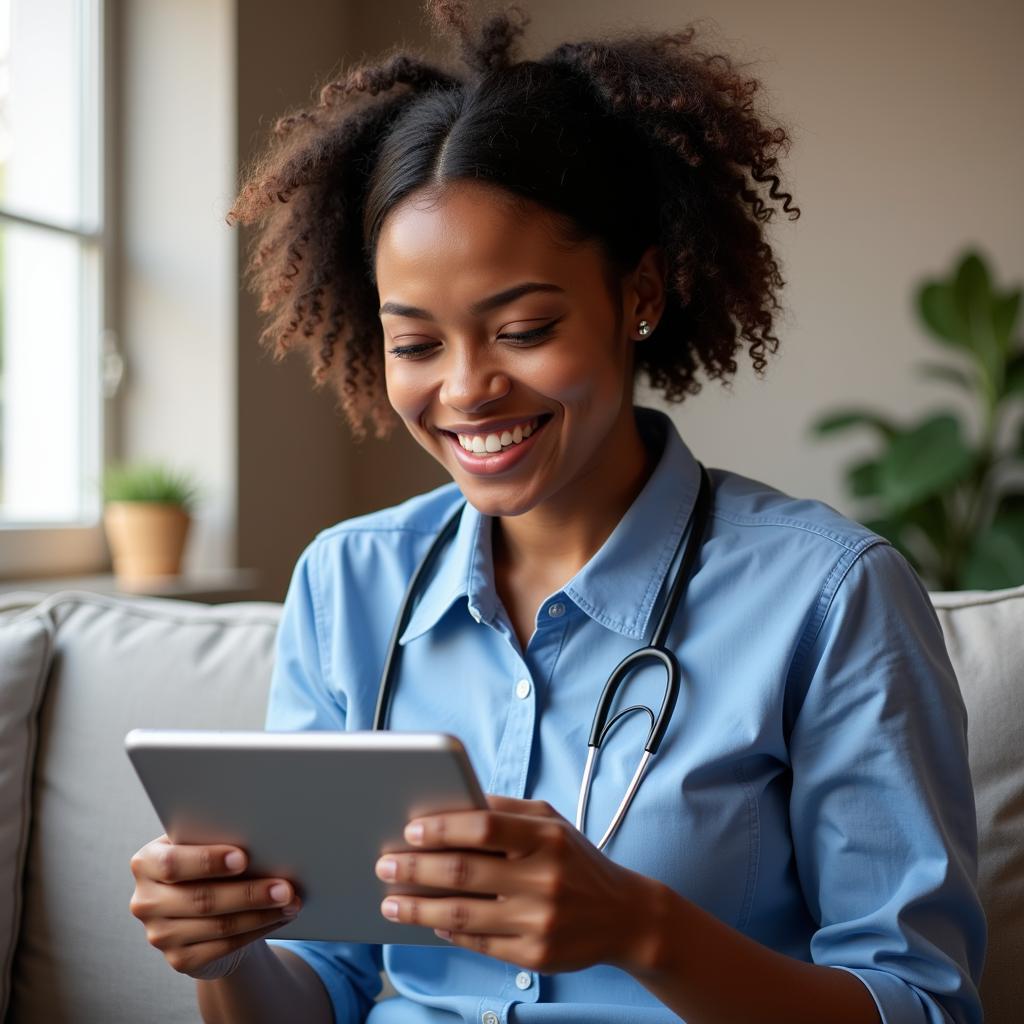  A person confidently researching healthcare options on a digital tablet.