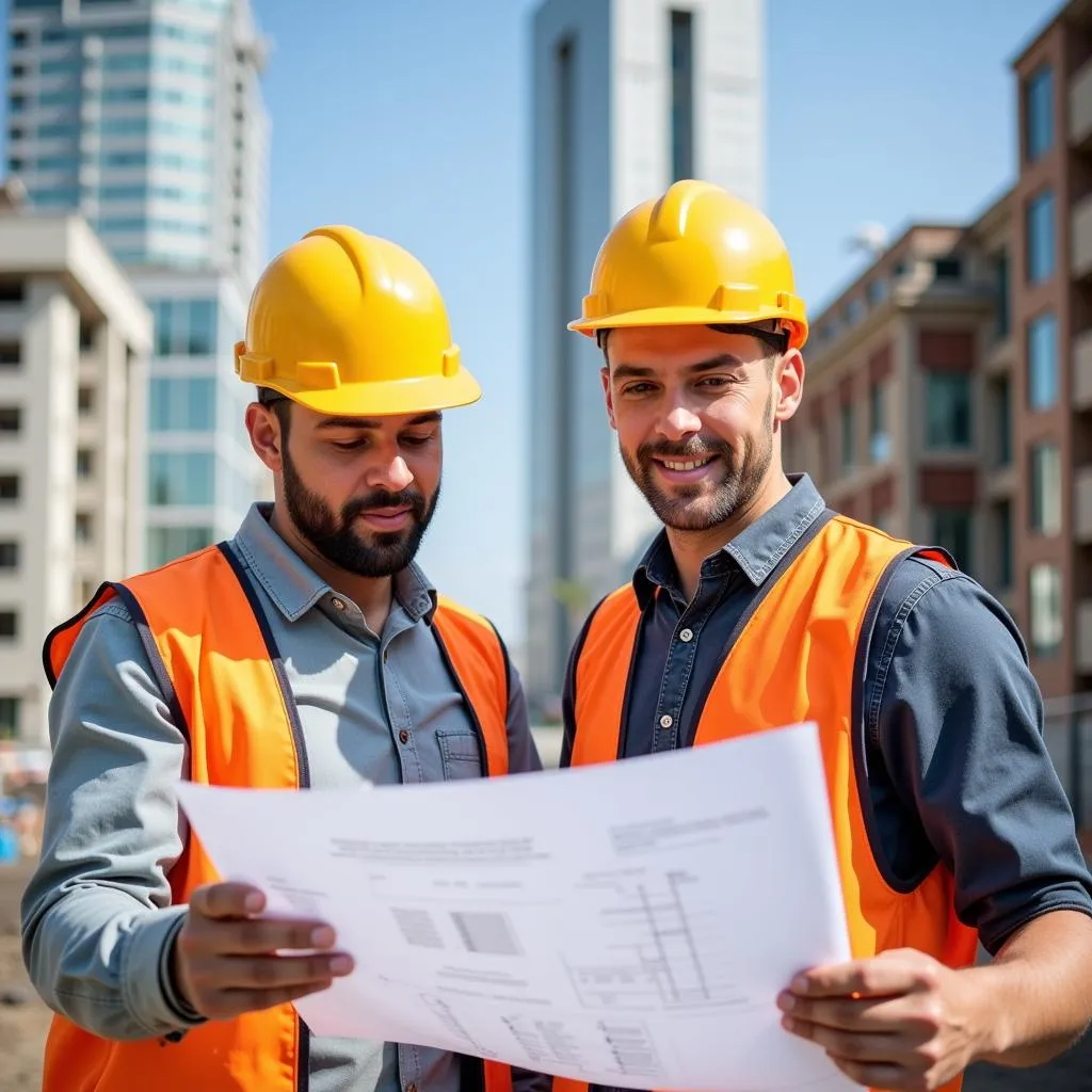 Construction workers discussing a blueprint