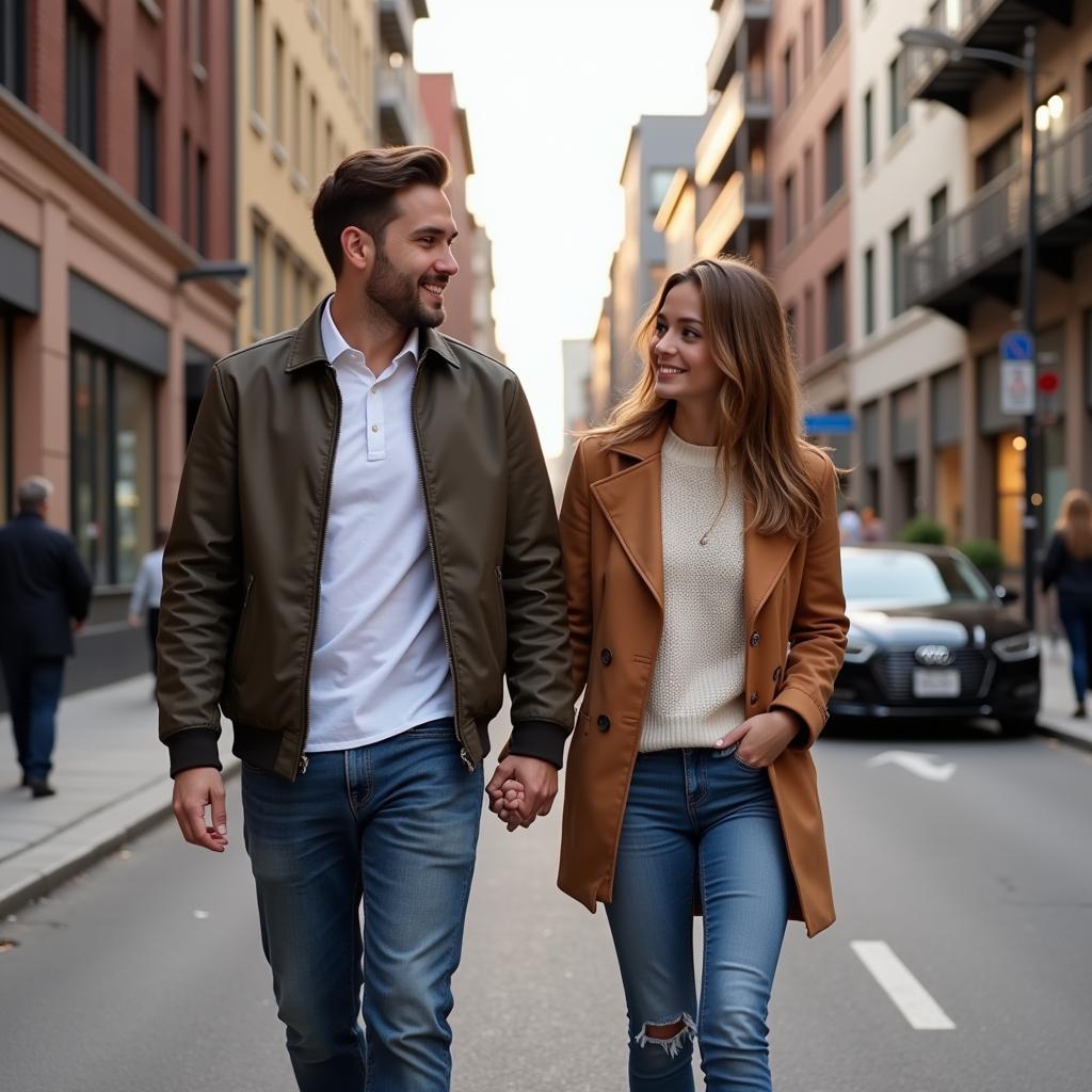 A couple walks hand-in-hand after a date, both smiling and seemingly happy.