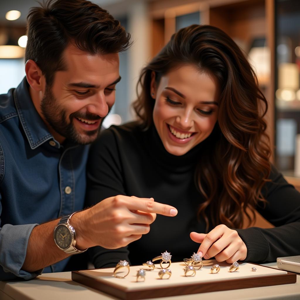 Couple looking at space themed engagement rings with a jeweler