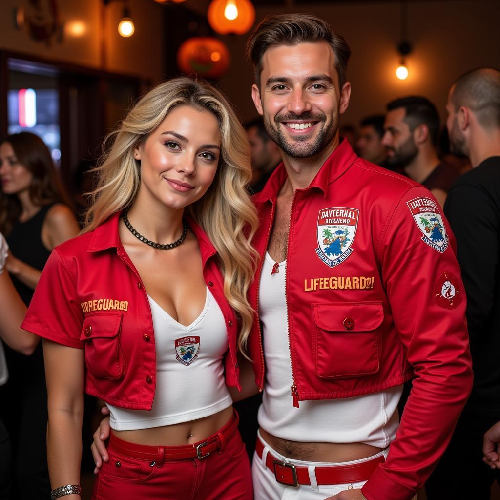 Couple dressed as lifeguards posing at a Halloween party