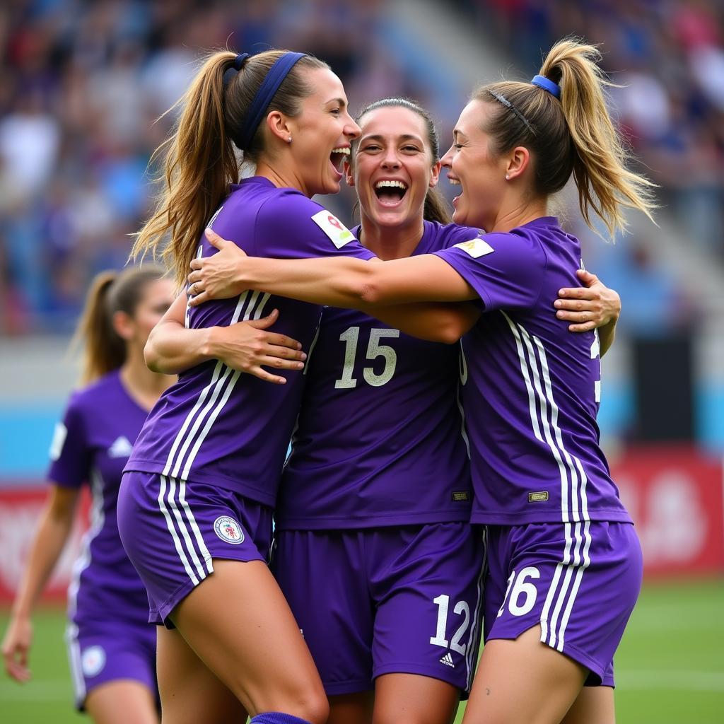 Courtney Petersen celebrates a goal with her Orlando Pride teammates