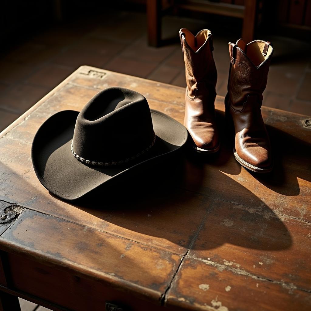 Cowboy Hat and Boots on Rustic Wooden Table