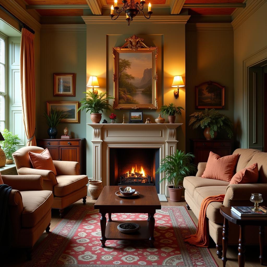 A warm and inviting living room featuring a lamp fireplace as a focal point