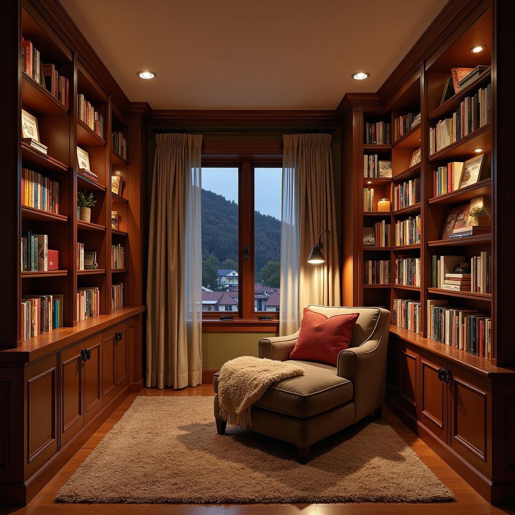 Cozy reading nook with bookshelves and armchair