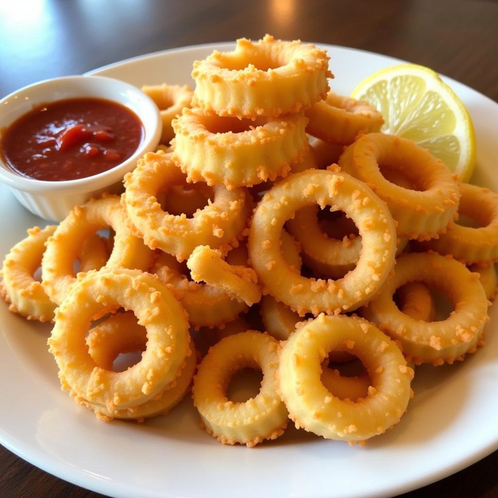 Crispy calamari rings served with a side of marinara sauce