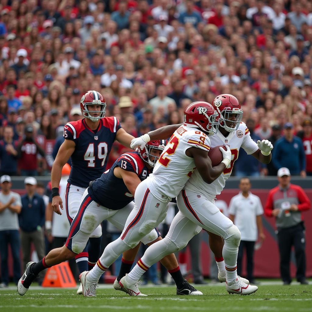 A stadium of football fans erupts in cheers as a player fights for extra yards.