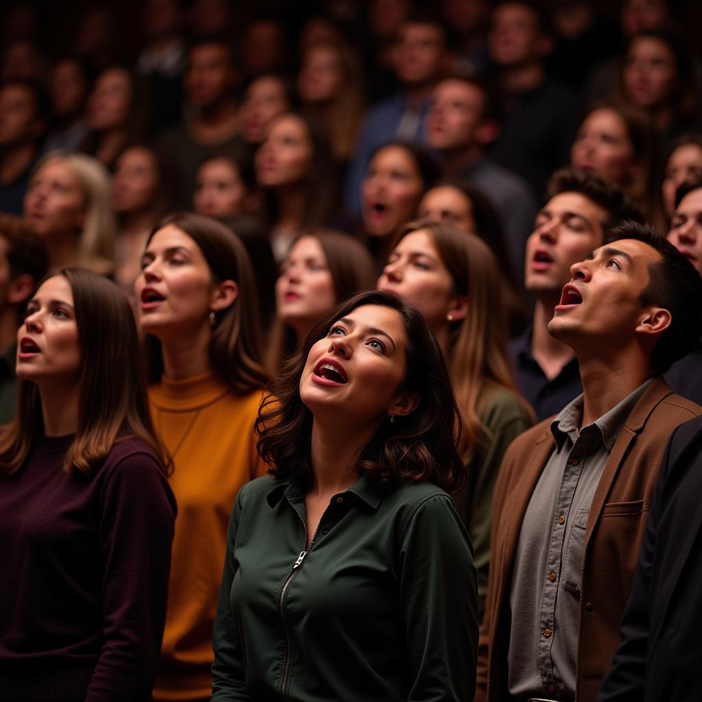 A large crowd of people singing a unifying anthem together