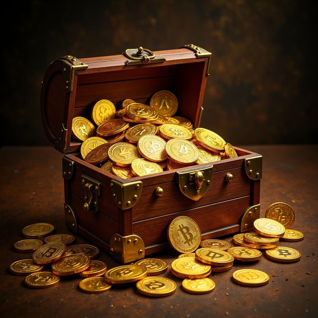 Various cryptocurrency coins arranged around an overflowing treasure chest