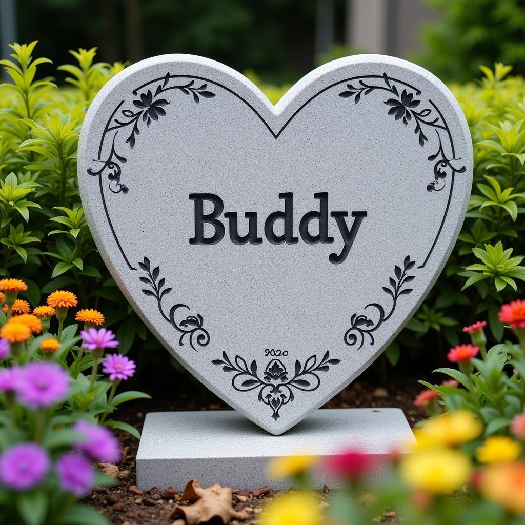 A custom-engraved dog tombstone nestled among flowers in a serene garden setting.