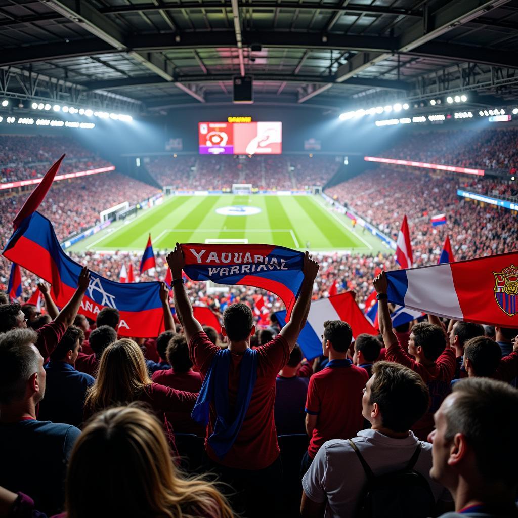 Yamal fans proudly displaying their custom flag stoles