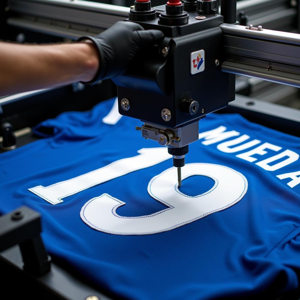 A close-up shot of a machine printing a custom name and number on the back of a football shirt.