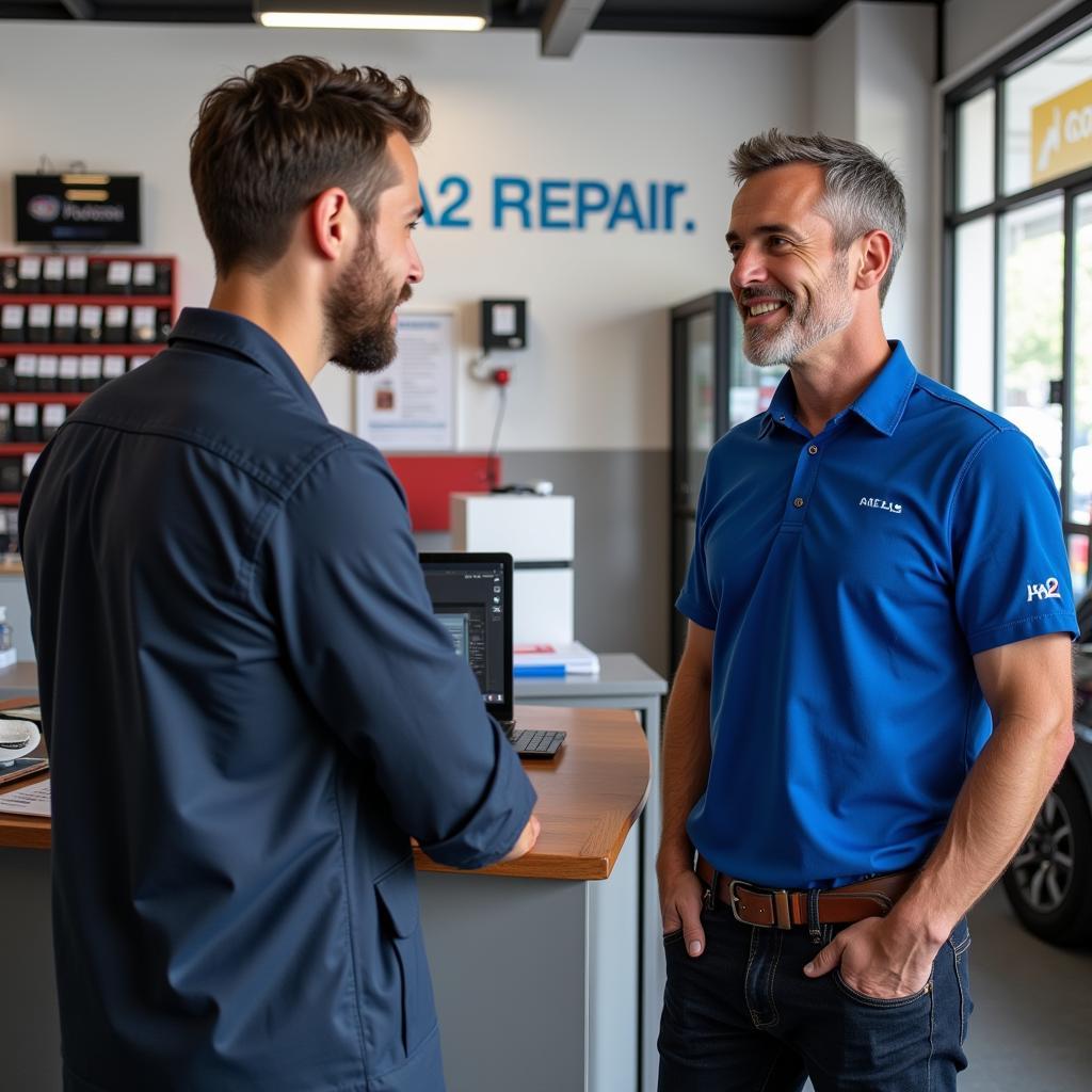 Customer consulting with a technician about their device repair options